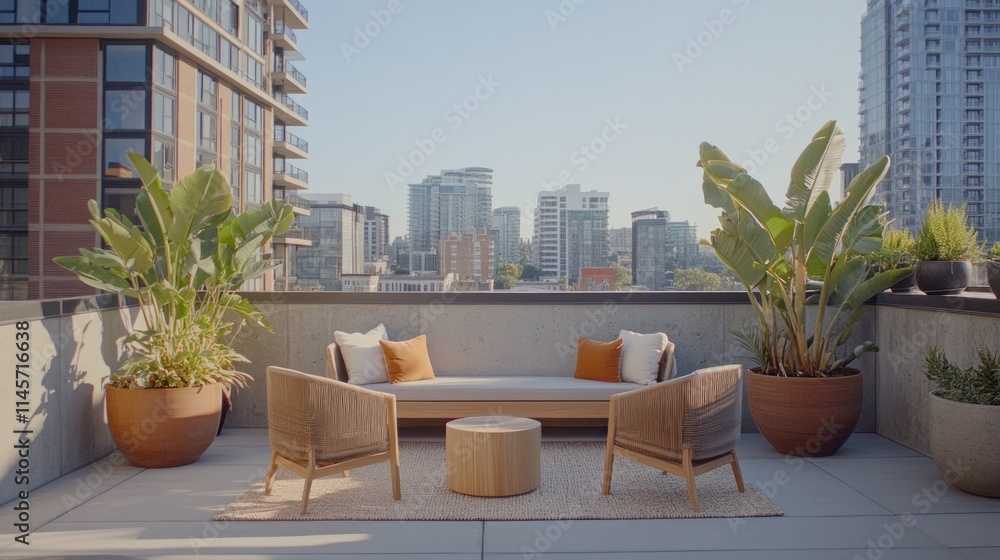 Fototapeta premium Modern rooftop patio with city view, comfortable seating, and potted plants.