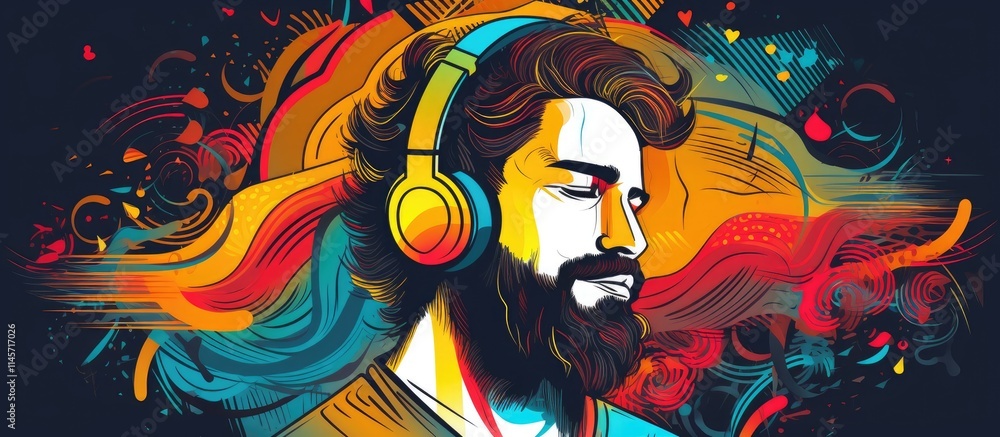 Vibrant illustration of a bearded man immersed in music with colorful swirls and headphones capturing the essence of youth and creativity Vibrant illustration of a bearded man immersed in music with colorful swirls and headphones capturing the essence of youth and creativity