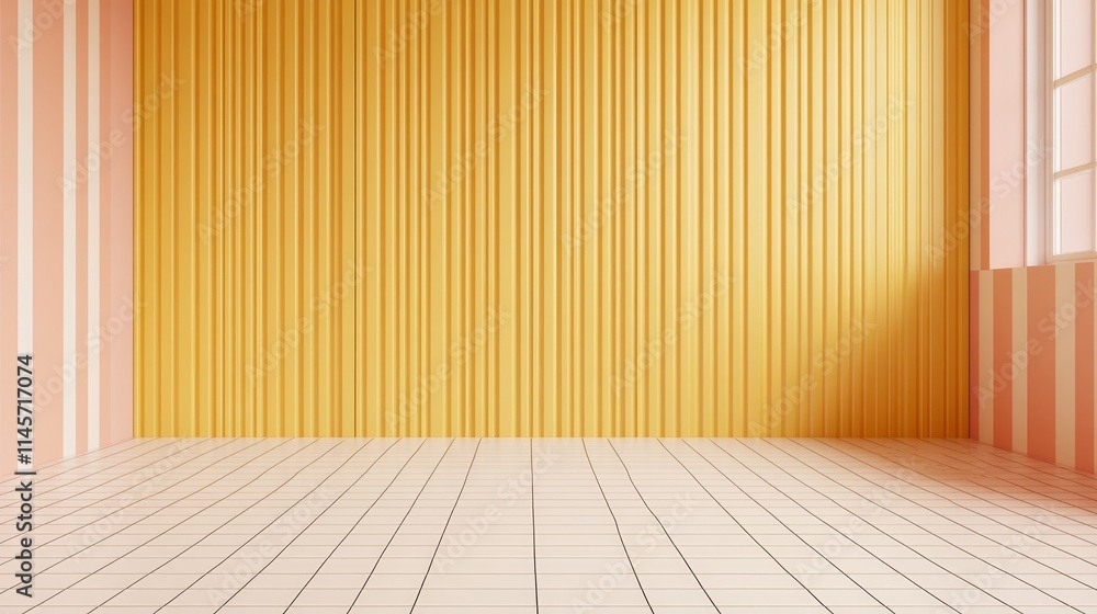 A minimalistic interior space with striped wall, backgrounds and tiled floor, ideal for design projects. A minimalistic interior space with striped wall, backgrounds and tiled floor, ideal for design projects.