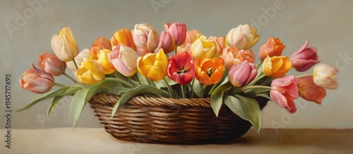 Wallpaper Mural Vibrant tulip arrangement in a rustic basket showcasing a colorful bouquet of fresh spring flowers on a soft background. Torontodigital.ca