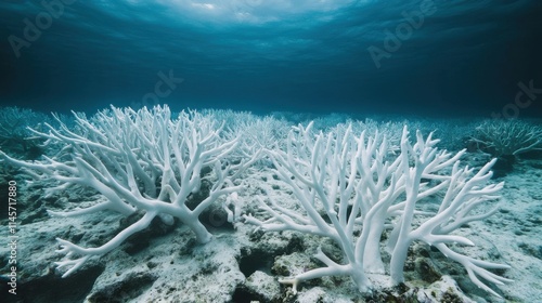 A coral reef bleached and dying, showing the devastating effects of global warming on marine ecosystems and ocean health