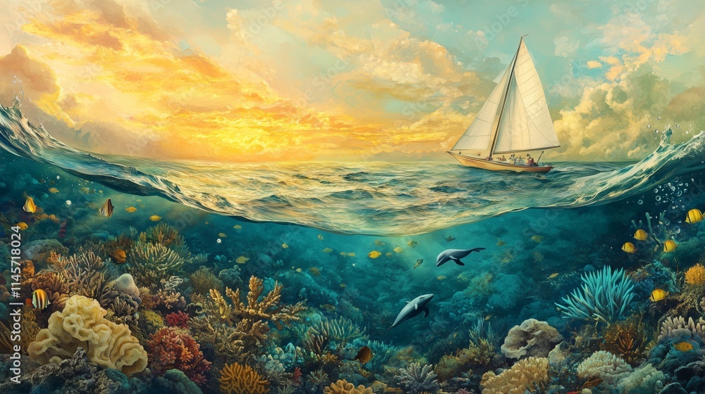 Naklejka premium Experience a retro marine landscape with vibrant coral, fish, sea turtles, and a drifting sailboat.
