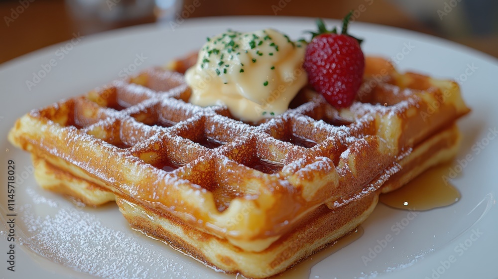 Delicious waffle topped with cream and strawberry. Delicious waffle topped with cream and strawberry.