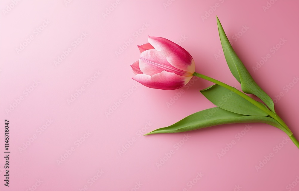 Fototapeta premium Bouquet of pink delicate tulips on pink background, concept for Mother's Day or Women Day. Top view, space for text.