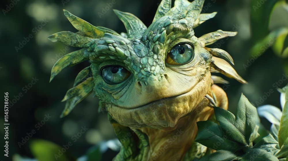 Close-Up of a Lifelike Green Fantasy Creature Amongst Foliage in a Mystical Environment Close-Up of a Lifelike Green Fantasy Creature Amongst Foliage in a Mystical Environment