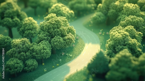 Winding road through lush green forest with trees in a serene natural landscape setting