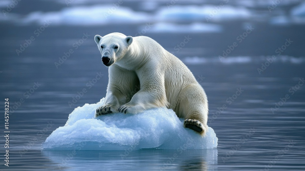 A polar bear stranded on a small ice floe in the Arctic, highlighting the dangers of melting ice caps due to rising global temperatures A polar bear stranded on a small ice floe in the Arctic, highlighting the dangers of melting ice caps due to rising global temperatures