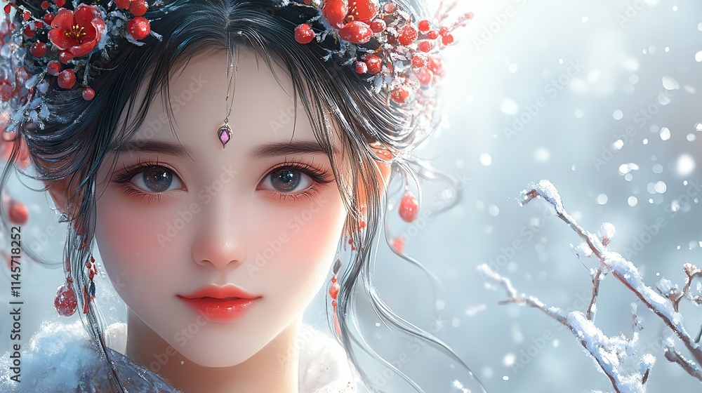 Fototapeta premium An anime beauty with a crown of flowers represents winter art, paint, wallpaper illustration, cartoon beauty, and fashion with a colorful character drawing.