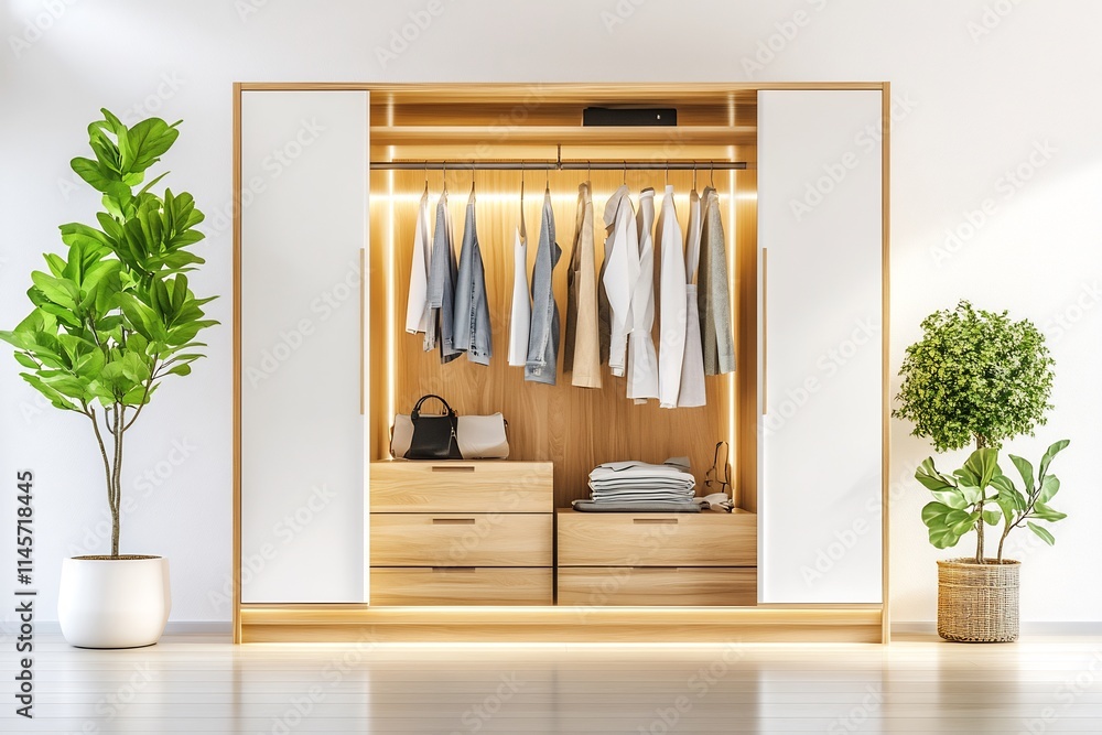 Modern minimalist walk-in closet with clothes, plants, and drawers. Modern minimalist walk-in closet with clothes, plants, and drawers.
