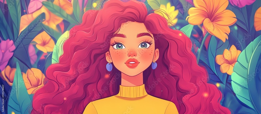 Young woman with curly pink hair surrounded by flowers joyfully engaging in a video call capturing moments for social media interactions. Young woman with curly pink hair surrounded by flowers joyfully engaging in a video call capturing moments for social media interactions.