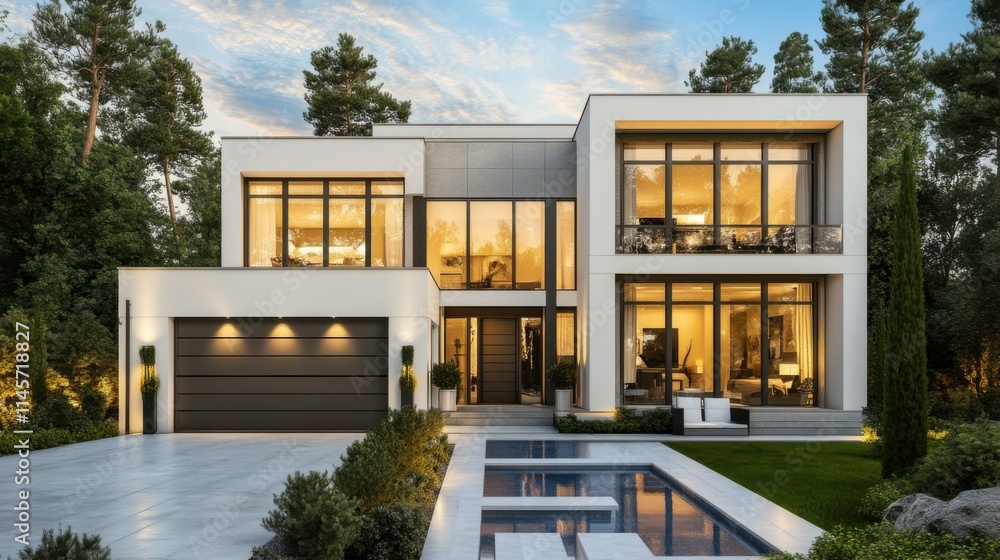 Architectural drawing of a modern house with a white two-story building, a garage and large windows. Construction plans and sleek design elements in the background, with a swimming pool Architectural drawing of a modern house with a white two-story building, a garage and large windows. Construction plans and sleek design elements in the background, with a swimming pool
