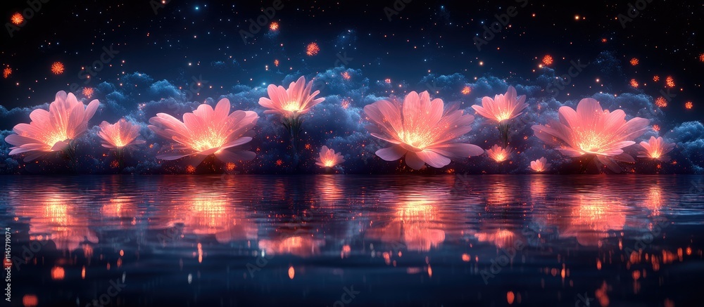 Fototapeta premium Peaceful water lily blooms reflecting on tranquil water surface with glowing lights for serene nature and celebration backgrounds.