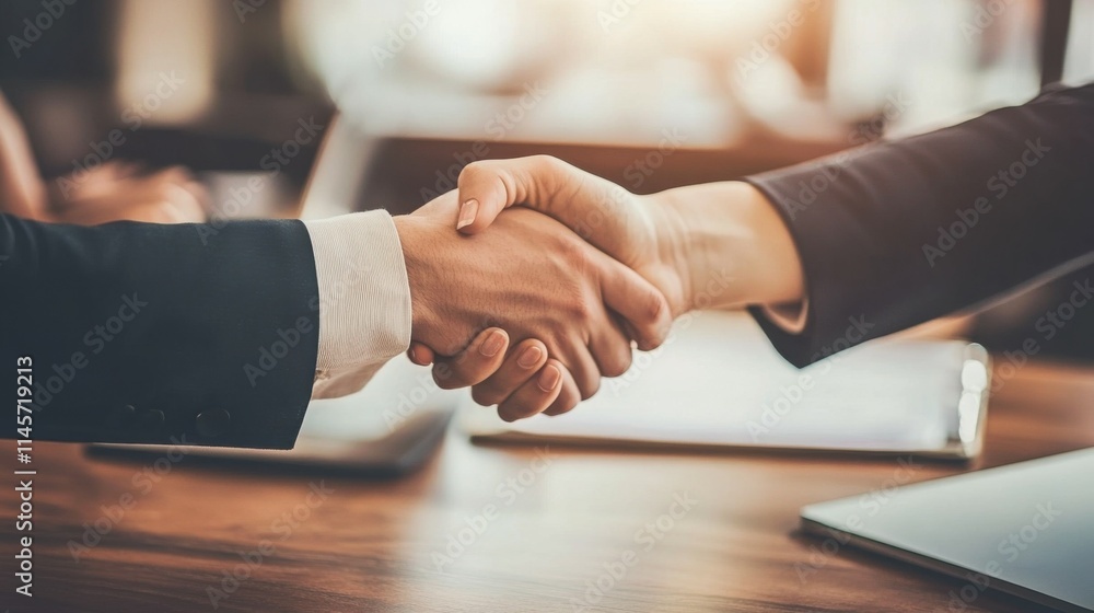 Business interview concept - Businessman and woman making handshake in office Business interview concept - Businessman and woman making handshake in office