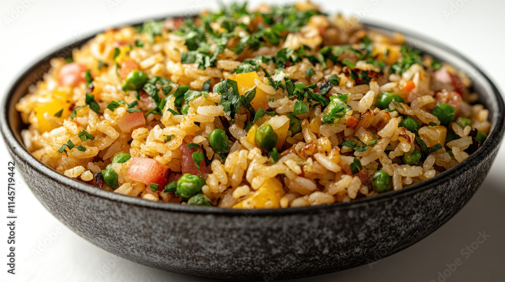 Delicious fried rice with peas, ham, and bell peppers in a bowl. Delicious fried rice with peas, ham, and bell peppers in a bowl.
