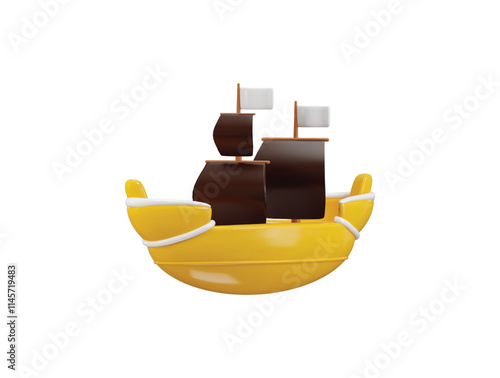 3D Pirate ship icon, Wooden ship, sailing ship, wind sail boat pirate frigate warship icon vector illustration