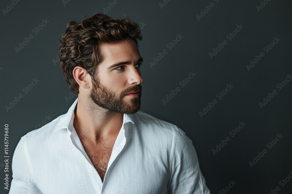 Fototapeta premium Portrait of a handsome man with a beard, wearing a white shirt, side view, isolated on a gray background with copy space
