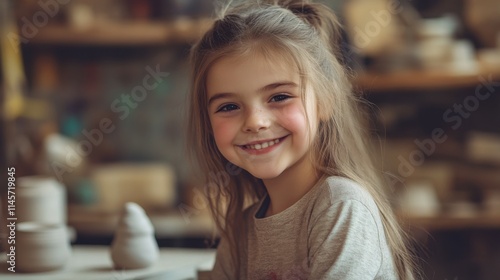 Wallpaper Mural Cute girl smiling and sculpting while sitting at the table in ceramics class Torontodigital.ca