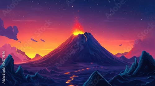 Majestic volcanic landscape at sunset showcasing active lava flow and vibrant colors in a dramatic sky filled with stars.