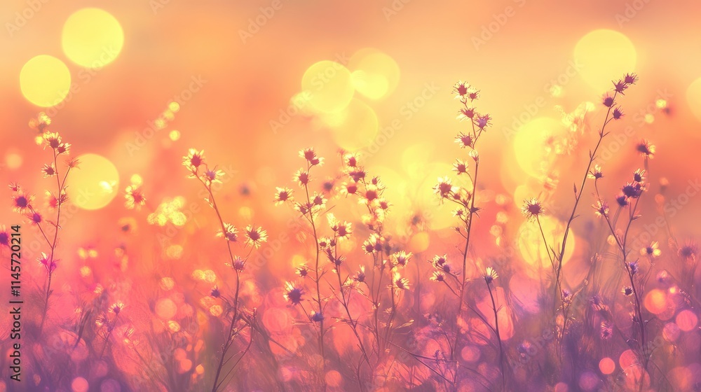 Serene sunset backdrop with soft blurred flowers and vibrant bokeh in warm hues creating a dreamy nature atmosphere. Serene sunset backdrop with soft blurred flowers and vibrant bokeh in warm hues creating a dreamy nature atmosphere.