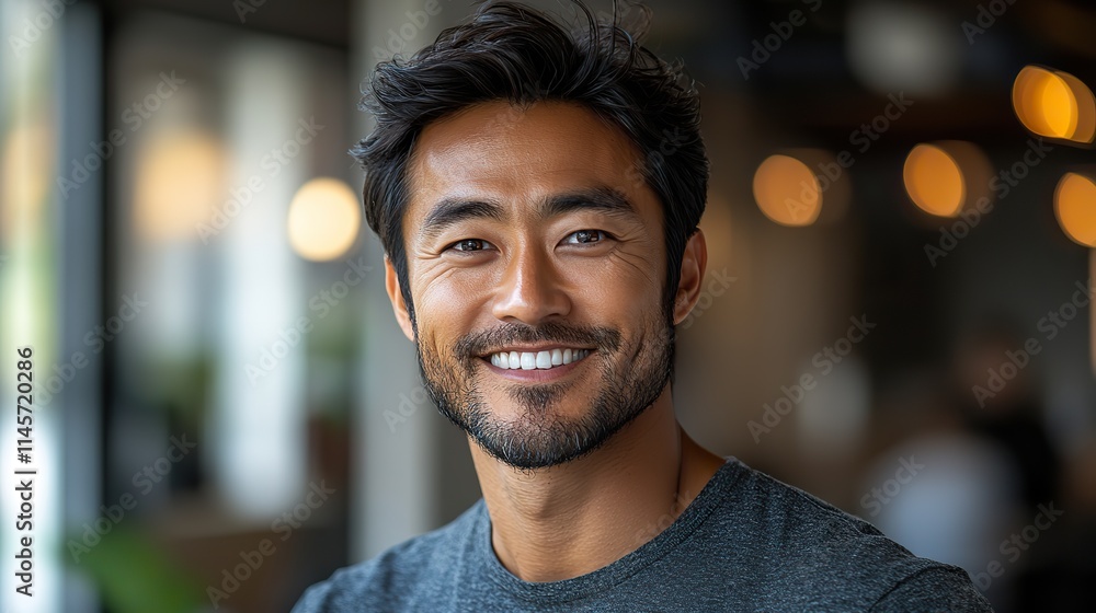 An Asian man smiles confidently in an office building, representing a business entrepreneur with pride in his tech startup and a positive outlook on growth and funding. An Asian man smiles confidently in an office building, representing a business entrepreneur with pride in his tech startup and a positive outlook on growth and funding.