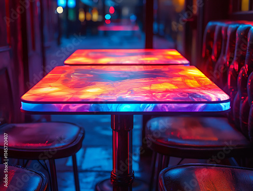  a cafe table glowing with colorful neon underlights, photo