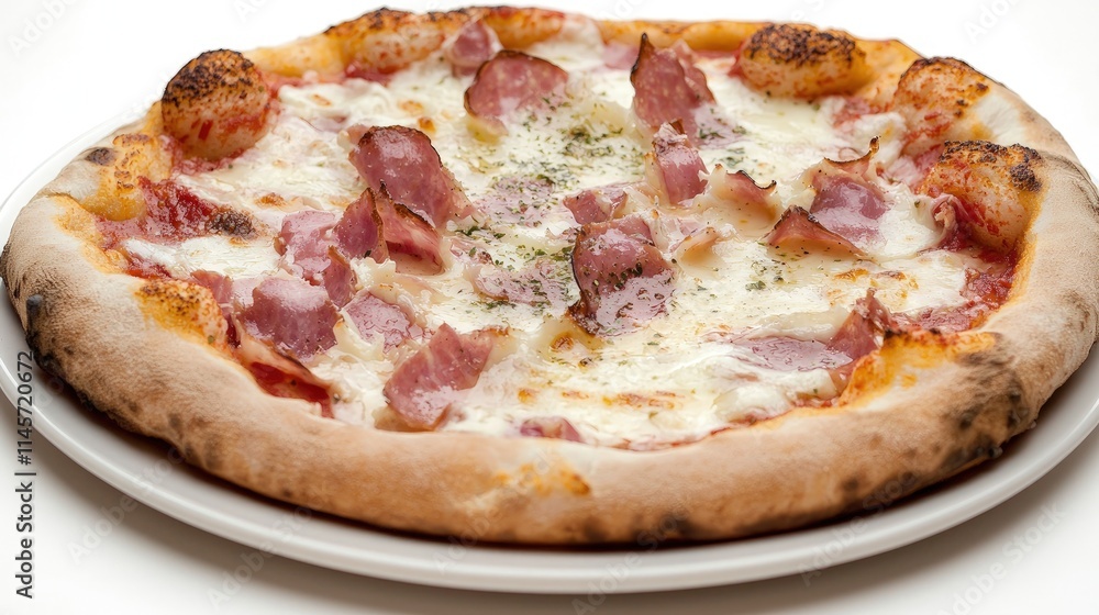 Delicious pizza with ham and cheese on a white plate. Delicious pizza with ham and cheese on a white plate.