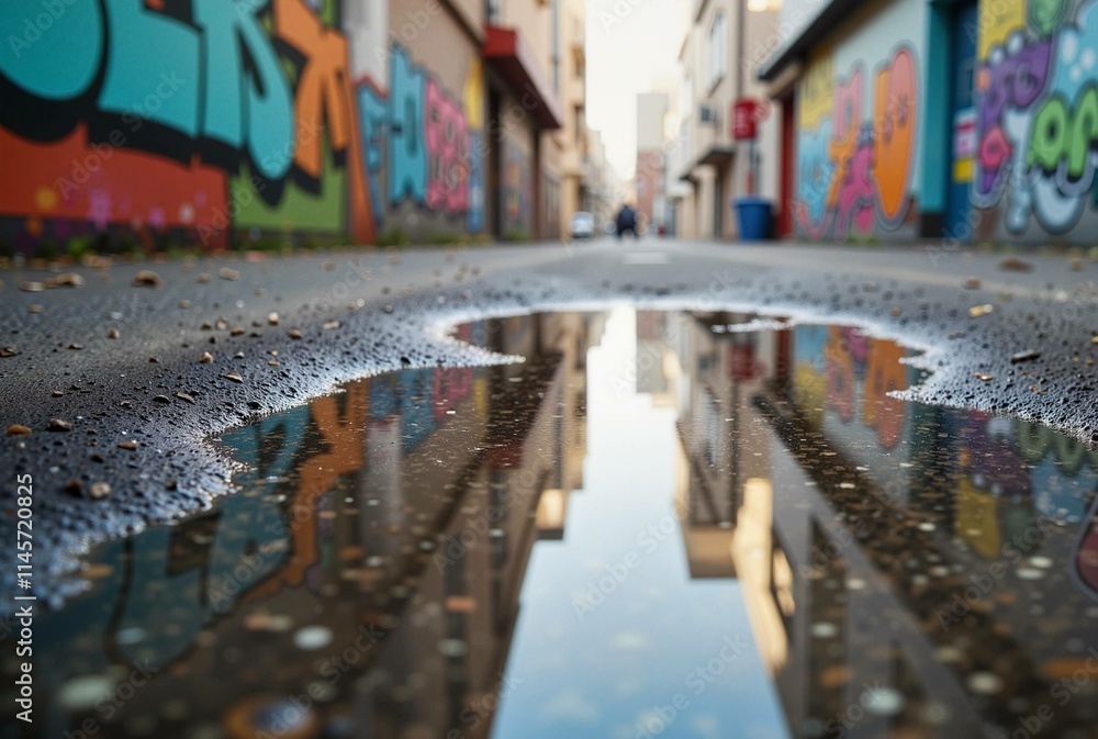 Fototapeta premium Urban alleyway with colorful graffiti and a puddle reflecting buildings, creating a vibrant city scene