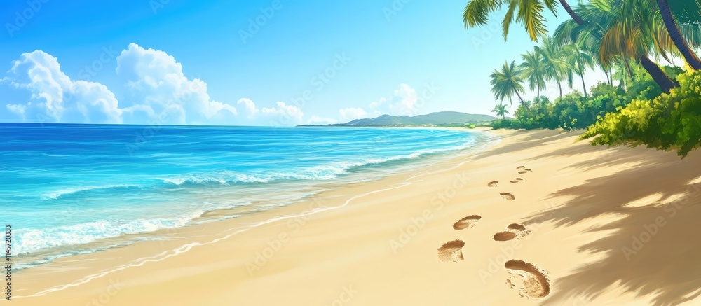 Fototapeta premium Tropical beach landscape with footprints in the sand under a bright blue sky and lush greenery depicting a serene holiday vibe