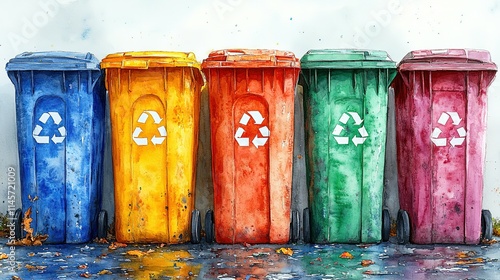 Colorful Recycling Bins Stand In A Row Against A Wall photo