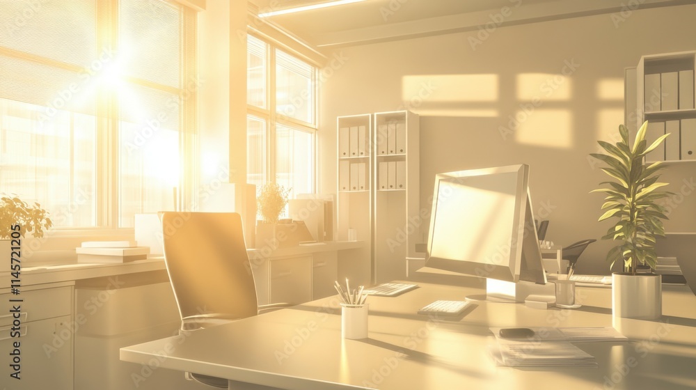 Fototapeta premium Modern professional office background, very light and bright, featuring contemporary design and ample sunlight. Perfect for corporate branding, business websites, and professional portfolios