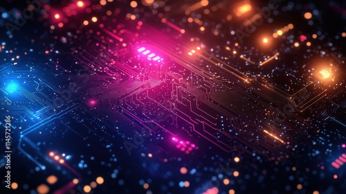 Abstract digital circuit with vibrant lights.