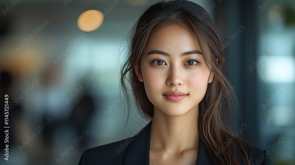 custom made wallpaper toronto digitalAn Asian woman stands proudly in a studio, representing a lawyer or employee with a professional career in legal justice and a strong commitment to her company.