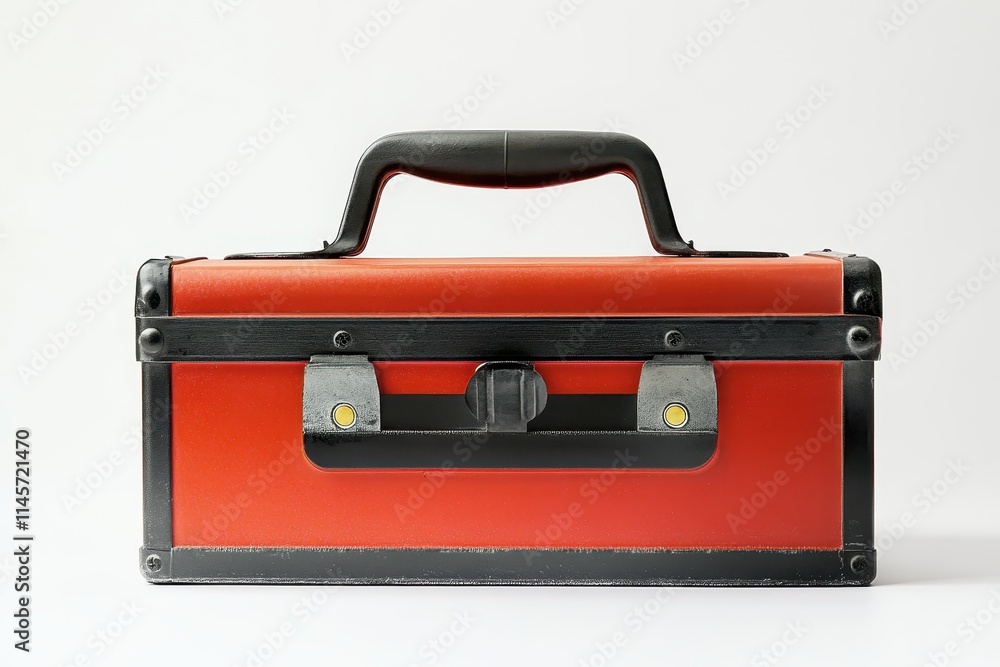 Red metal toolbox with black trim and handle. Ideal for themes of storage, tools, and work. Red metal toolbox with black trim and handle. Ideal for themes of storage, tools, and work.