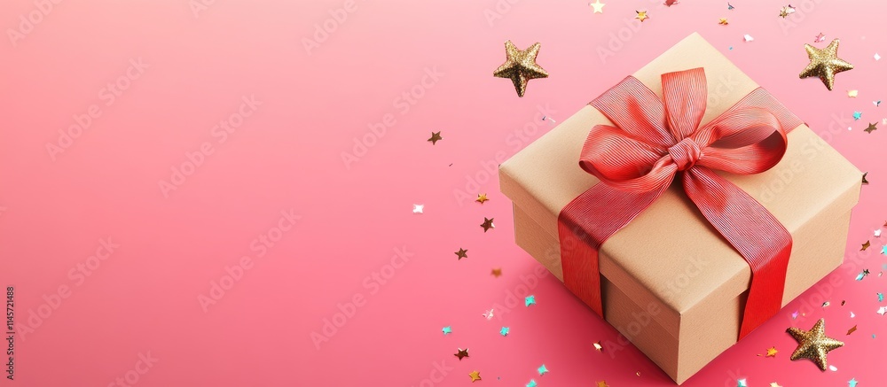 Kraft paper gift box with red bow and star confetti on a pink background perfect for festive and seasonal decoration themes Kraft paper gift box with red bow and star confetti on a pink background perfect for festive and seasonal decoration themes