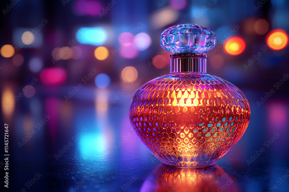 Fototapeta premium a close-up of a glowing futuristic perfume bottle with holographic patter