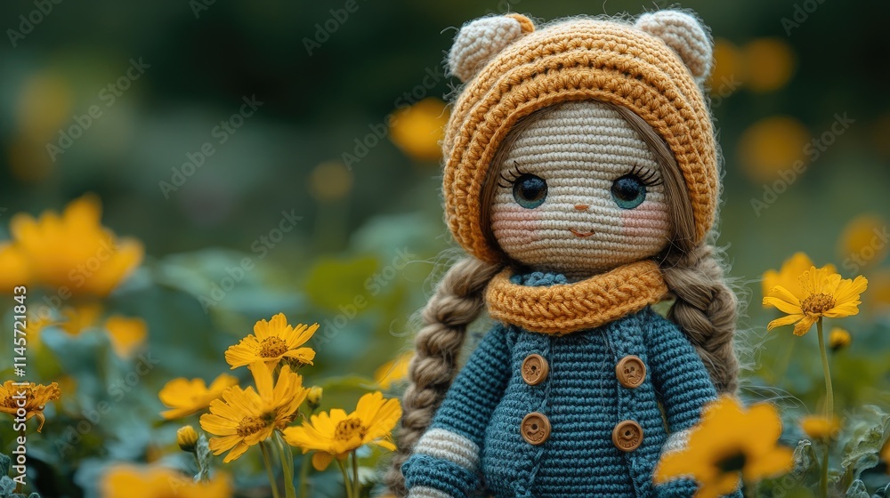 Handmade Crochet Doll Surrounded by Charming Yellow Flowers in a Lush Garden Setting Handmade Crochet Doll Surrounded by Charming Yellow Flowers in a Lush Garden Setting