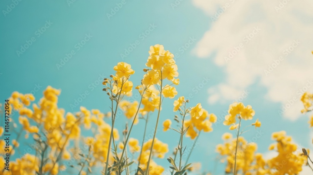 The rapeseed field blooms with bright yellow flowers on blue sky The rapeseed field blooms with bright yellow flowers on blue sky