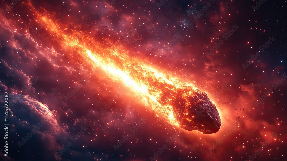 Obraz premium An asteroid burns through the universe, a fiery object traveling towards Earth, depicting a potential threat from space and the power of cosmic forces.