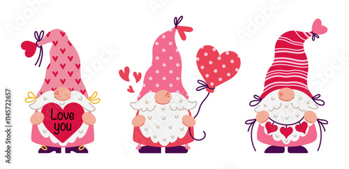 Funny gnomes celebrate Valentine's Day. Cute bearded elves hold a heart, a balloon, a garland. Cartoon dwarves in hats. Love party, romantic surprise. Hand drawn vector set, flat isolated clipart
