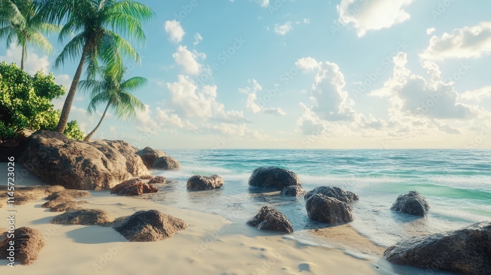 Tropical beach scene featuring lush palm trees and rocky shoreline under a vibrant sky with soft clouds and calm ocean waves Tropical beach scene featuring lush palm trees and rocky shoreline under a vibrant sky with soft clouds and calm ocean waves