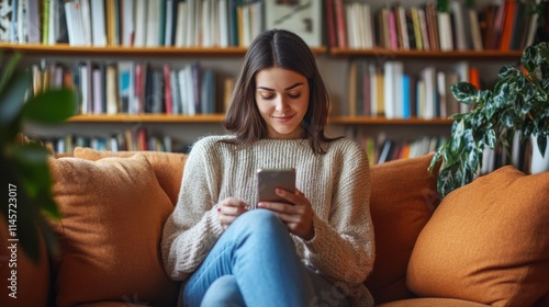Young woman sitting relaxed on wooden sofa and using smart phone for online social connection with books on shelves in her library room