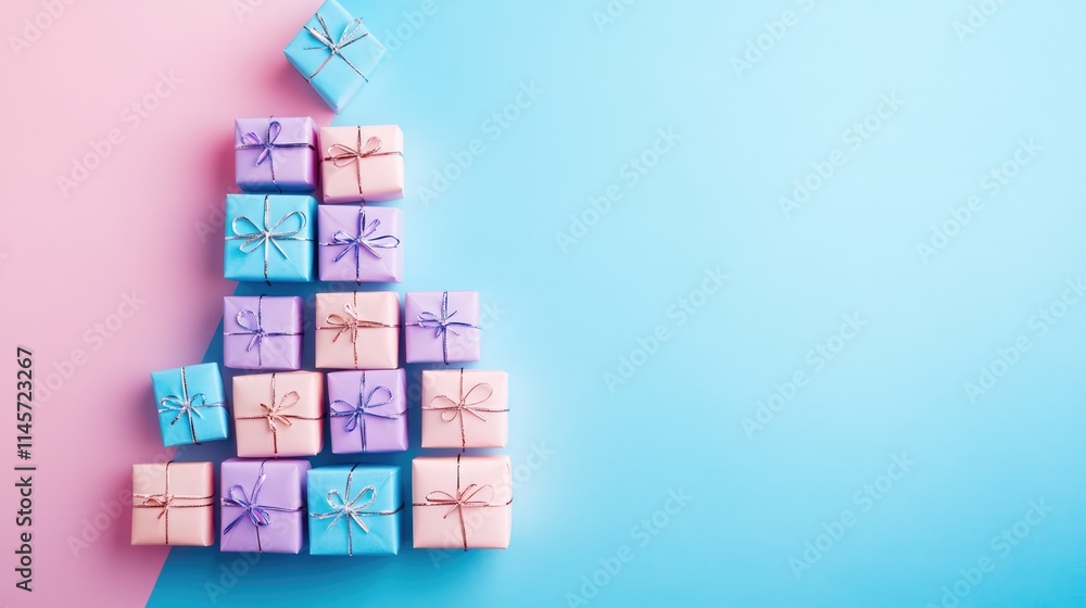 Colorful Christmas tree design created with beautifully wrapped gift boxes on a pastel blue and pink background minimalistic holiday concept Colorful Christmas tree design created with beautifully wrapped gift boxes on a pastel blue and pink background minimalistic holiday concept