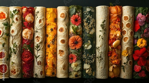 Flower Filled Tortillas Arranged In A Row
