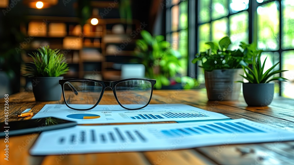 An empty office desk with notes and charts represents accounting or financial planning with workplace graphs, inspection, meeting, and a banner for a professional data scientist. An empty office desk with notes and charts represents accounting or financial planning with workplace graphs, inspection, meeting, and a banner for a professional data scientist.