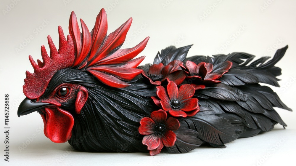 Fototapeta A decorative sculpture of a rooster adorned with black and red flowers.