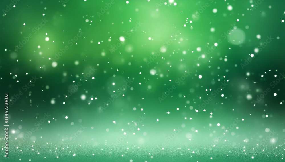 雪がキラキラと舞っているイメージ、緑色の背景 雪がキラキラと舞っているイメージ、緑色の背景