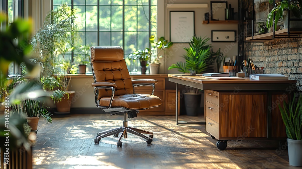 Fototapeta premium An empty office with a table, furniture, and ergonomics represents business and comfort, showcasing interior design, workplace stationery, and a chair with texture.