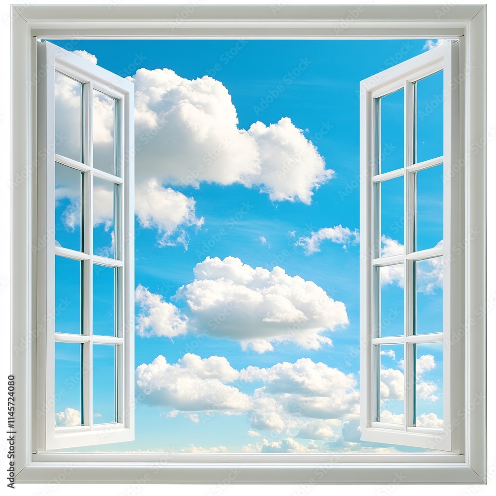 Open window showing blue sky and fluffy clouds. Open window showing blue sky and fluffy clouds.