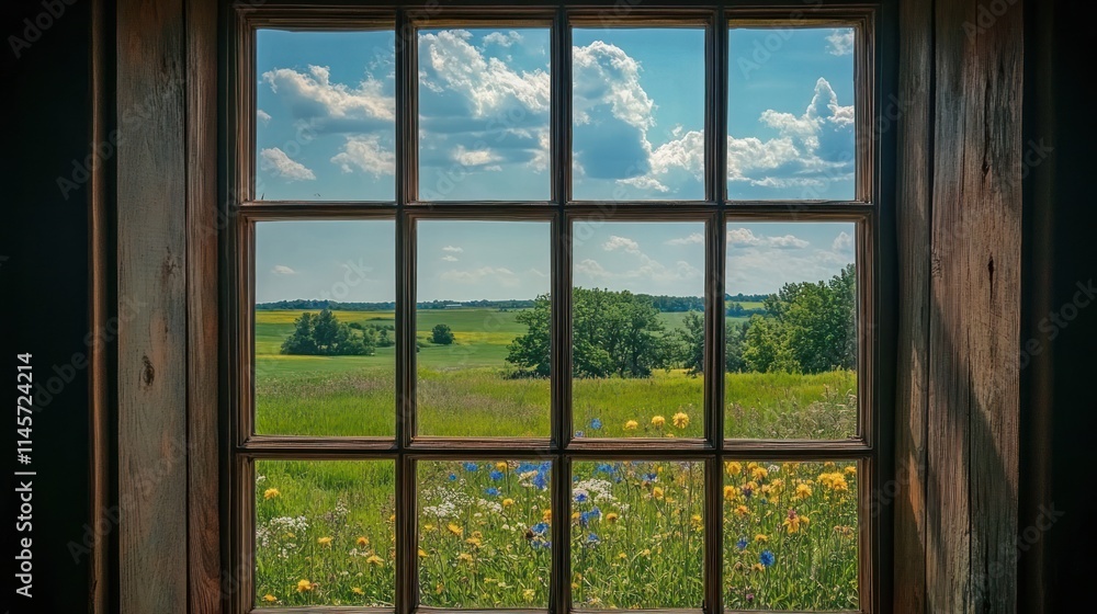 Fototapeta premium Rustic window view of a vibrant meadow under a sunny sky.