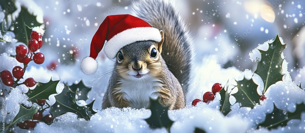 Cute squirrel in Santa hat surrounded by snow and holly creating a festive holiday atmosphere perfect for Christmas greeting cards Cute squirrel in Santa hat surrounded by snow and holly creating a festive holiday atmosphere perfect for Christmas greeting cards